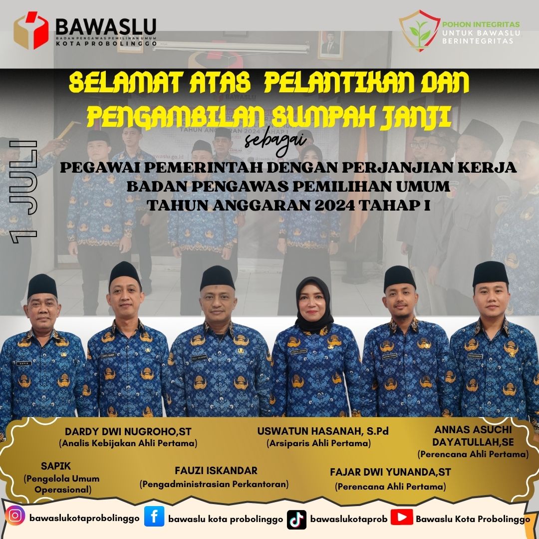 Pegawai Sekretariat Bawaslu Kota Probolinggo telah resmi dilantik sebagai Pegawai pemerintah dengan Perjanjian Kerja (PPPK) pada Selasa, (1/7)