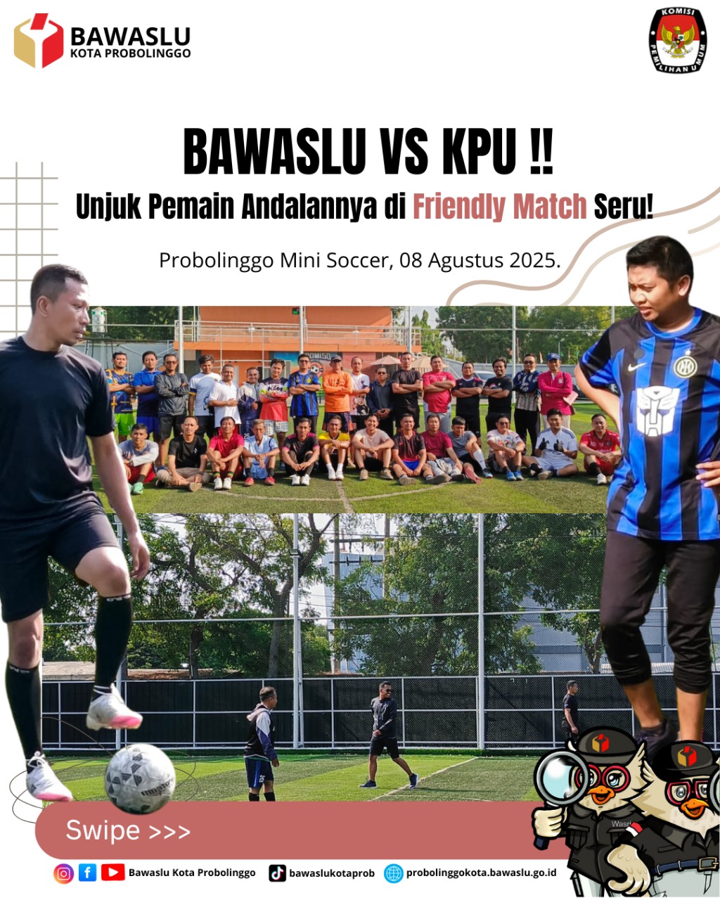 Tampak semangat masing-masing Ketua Penyelenggara Pemilu (Kiri:KPU,Kanan:Bawaslu) pimpin friendly match kemaren sore (Jumat, 8 Agustus 2025) di lapangan Mini Soccer Kedopok Kota Probolinggo