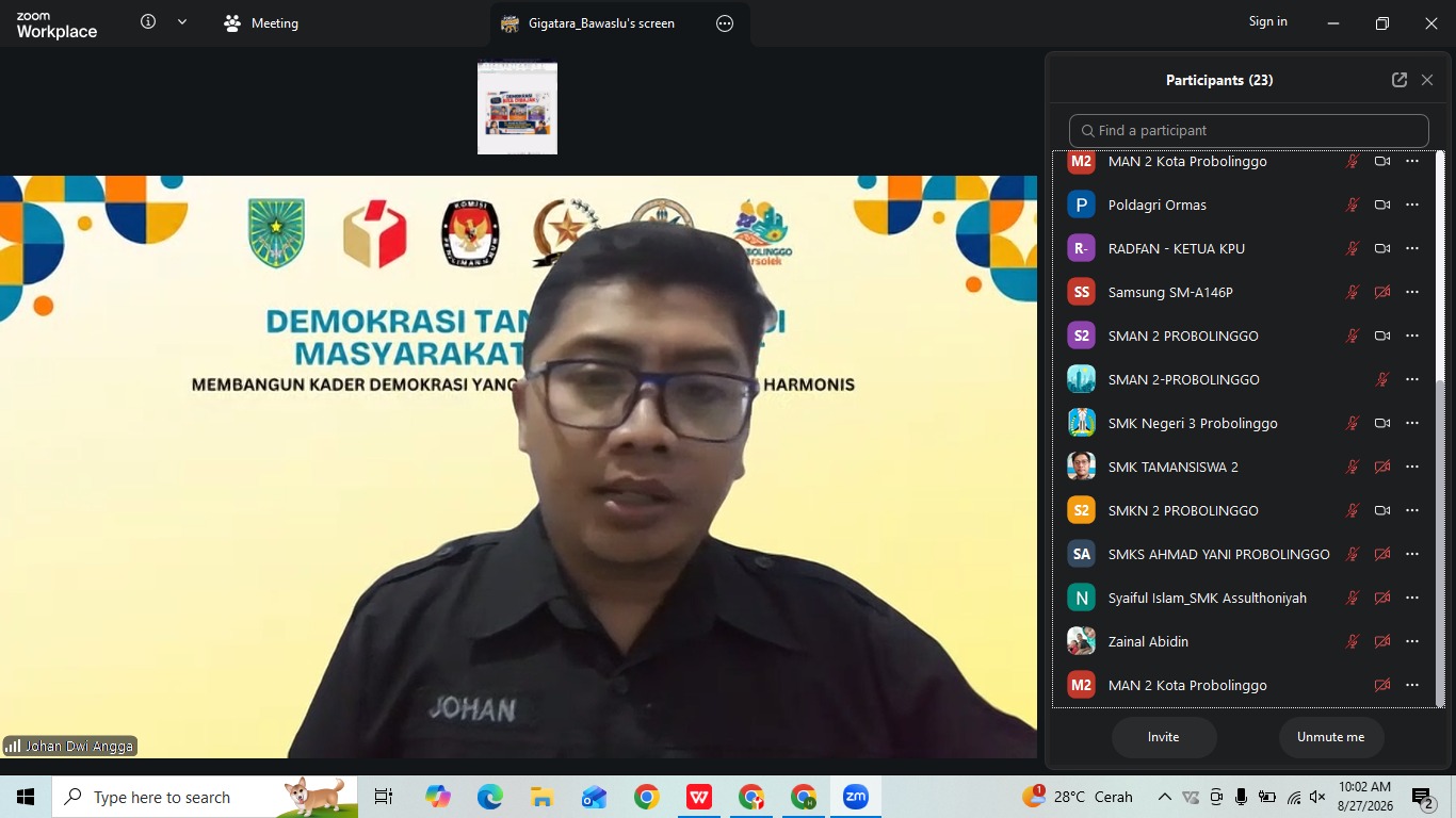 Johan Dwi Angga saat jadi Narasumber pada acara Kader Demokrasi via zoom pada Kamis, (27/8/2026)
