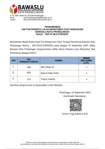 PENGUMUMAN LOLOS REKRUTMEN STAF PENDUKUNG 2025